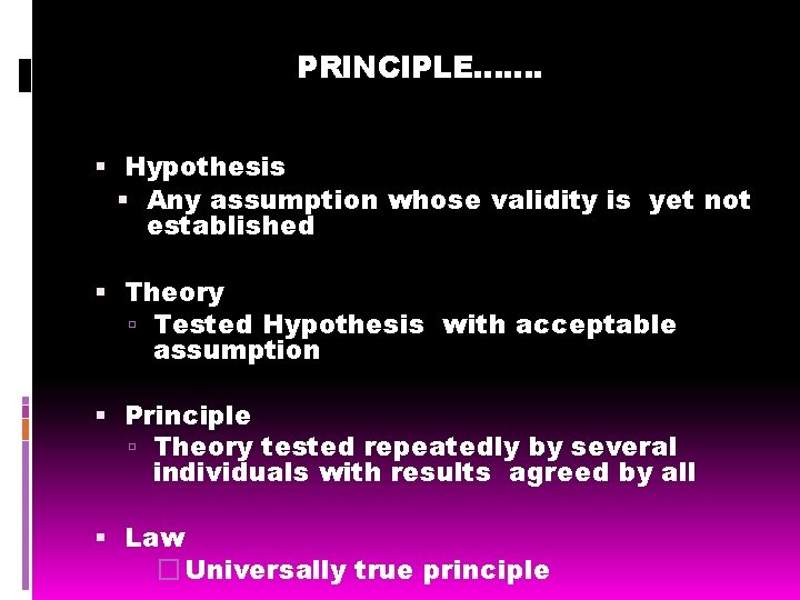 PRINCIPLE……. Hypothesis Any assumption whose validity is yet not established Theory Tested Hypothesis with