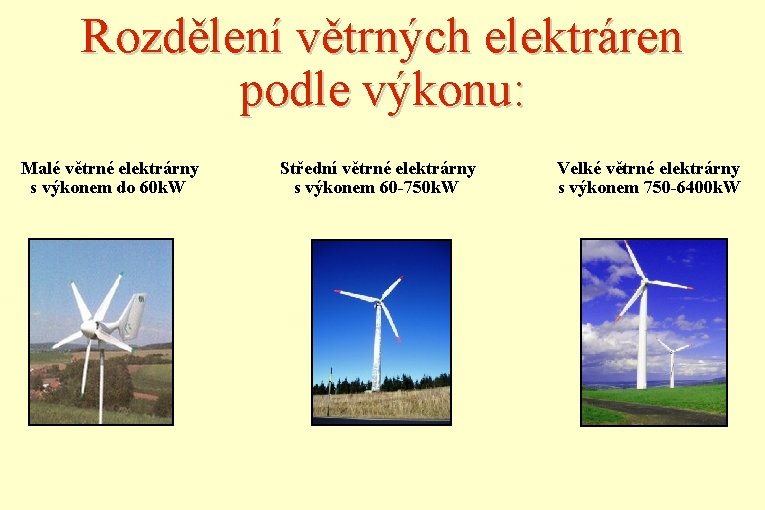 Rozdělení větrných elektráren podle výkonu: Malé větrné elektrárny s výkonem do 60 k. W