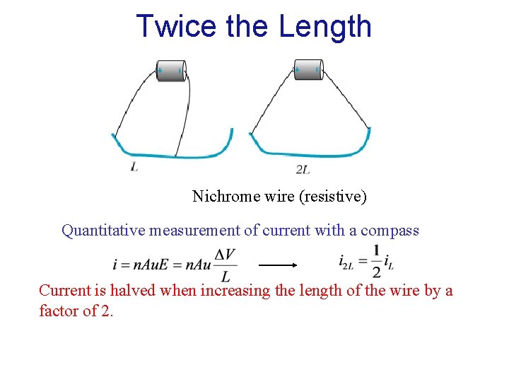 Twice the Length Nichrome wire (resistive) Quantitative measurement of current with a compass Current