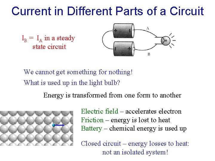 Current in Different Parts of a Circuit IB = IA in a steady state