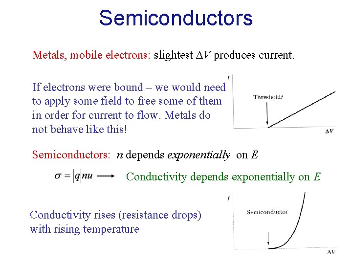 Semiconductors Metals, mobile electrons: slightest V produces current. If electrons were bound – we