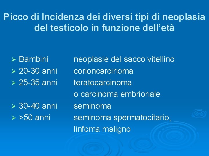 Picco di Incidenza dei diversi tipi di neoplasia del testicolo in funzione dell’età Bambini