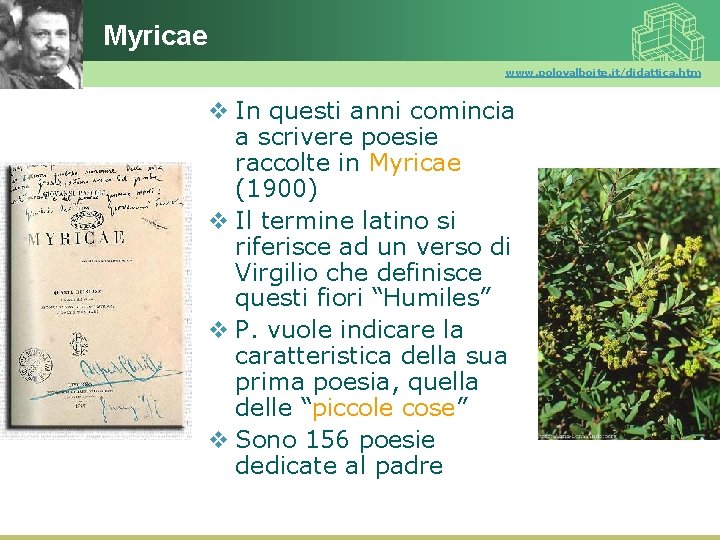Myricae www. polovalboite. it/didattica. htm v In questi anni comincia a scrivere poesie raccolte