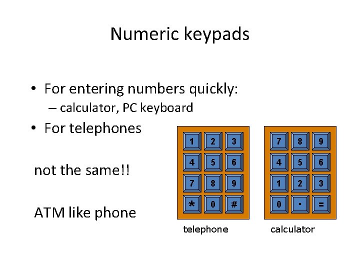 Numeric keypads • For entering numbers quickly: – calculator, PC keyboard • For telephones