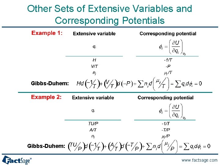 Other Sets of Extensive Variables and Corresponding Potentials Gibbs-Duhem: www. factsage. com 