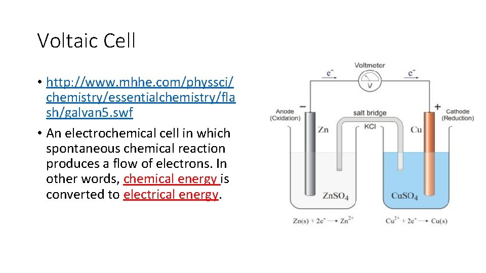 Voltaic Cell • http: //www. mhhe. com/physsci/ chemistry/essentialchemistry/fla sh/galvan 5. swf • An electrochemical