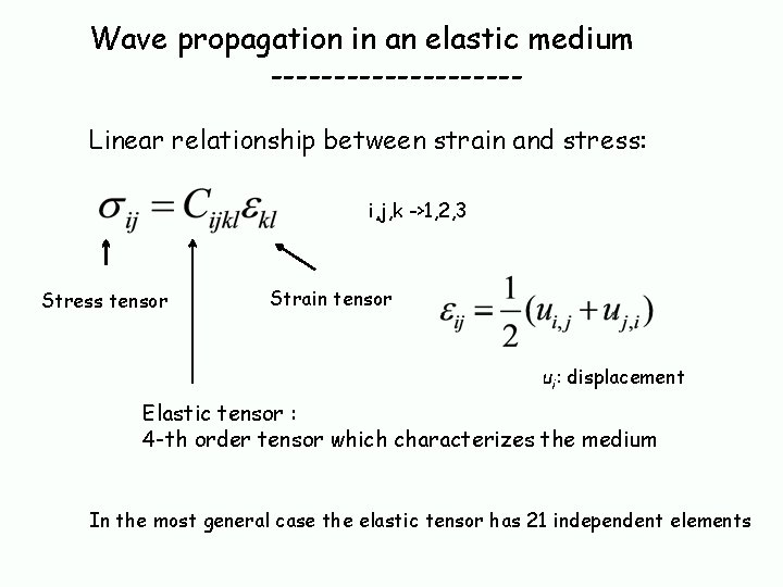 Wave propagation in an elastic medium ----------Linear relationship between strain and stress: i, j,