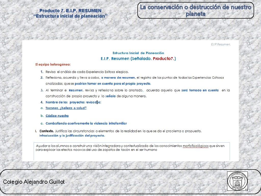 Producto 7. E. I. P. RESUMEN “Estructura inicial de planeación” Colegio Alejandro Guillot La