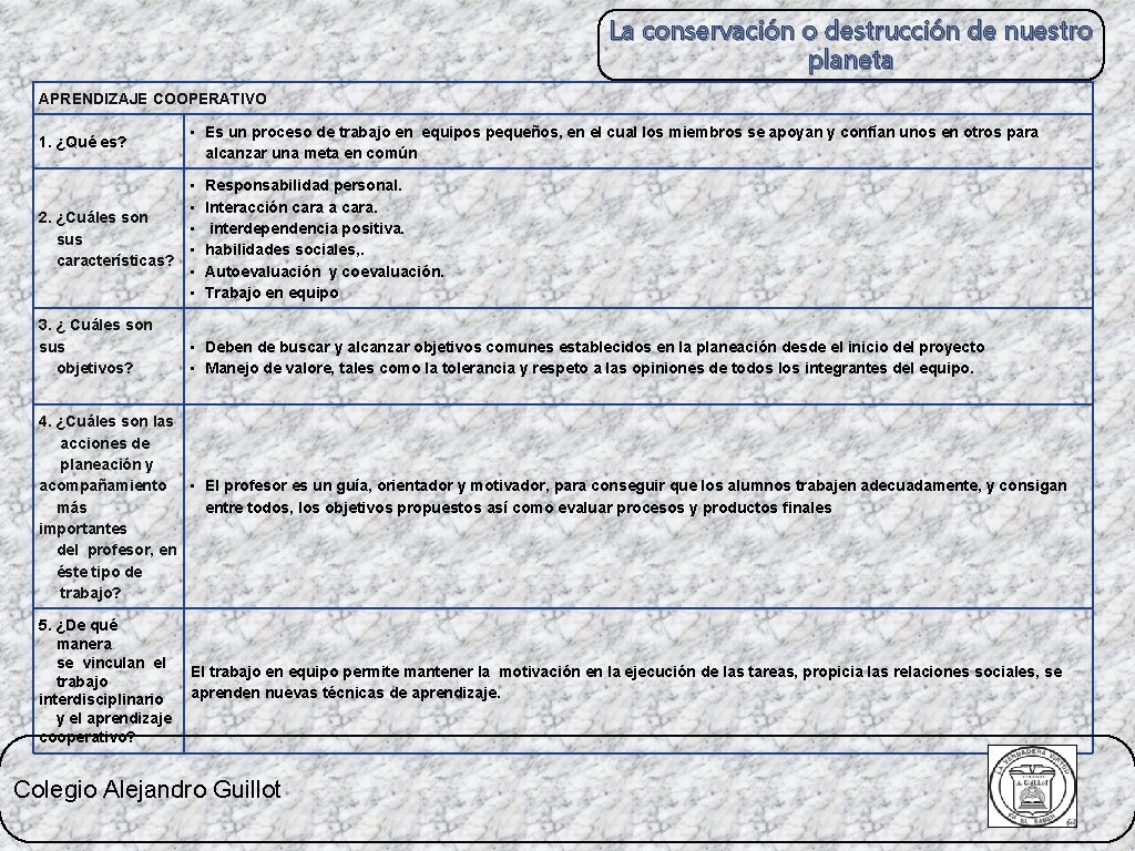 La conservación o destrucción de nuestro planeta APRENDIZAJE COOPERATIVO 1. ¿Qué es? • Es