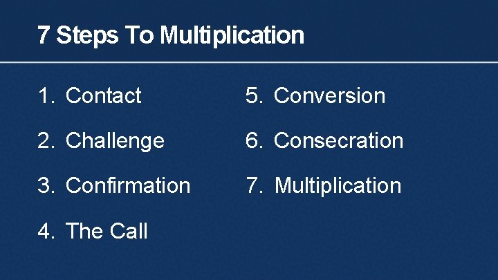 7 Steps To Multiplication 1. Contact 5. Conversion 2. Challenge 6. Consecration 3. Confirmation