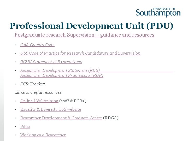 Professional Development Unit (PDU) Postgraduate research Supervision – guidance and resources • QAA Quality