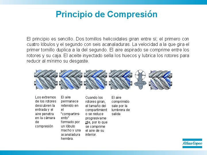 Principio de Compresión El principio es sencillo. Dos tornillos helicoidales giran entre sí; el