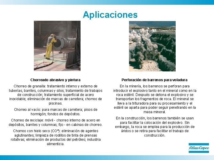 Aplicaciones Chorreado abrasivo y pintura Perforación de barrenos para voladura Chorreo de granalla: tratamiento