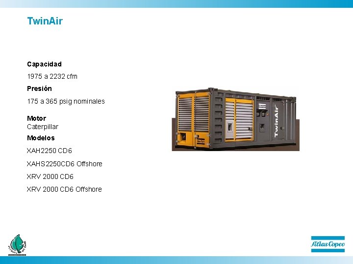 Twin. Air Capacidad 1975 a 2232 cfm Presión 175 a 365 psig nominales Motor