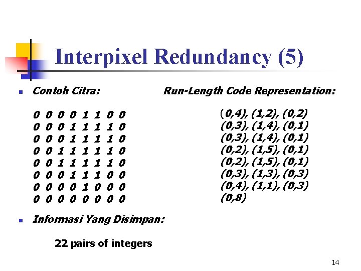 Interpixel Redundancy (5) n Contoh Citra: 0 0 0 0 n 0 0 0