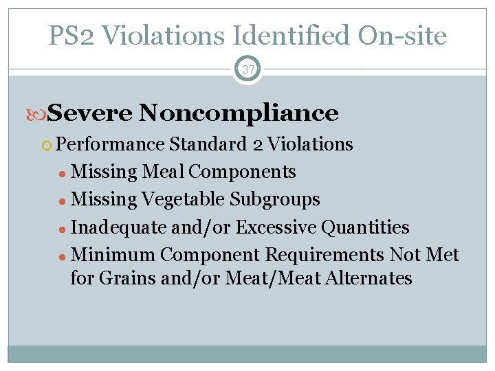 PS 2 Violations Identified On-site 37 Severe Noncompliance Performance Standard 2 Violations ● Missing