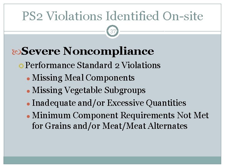 PS 2 Violations Identified On-site 37 Severe Noncompliance Performance Standard 2 Violations ● Missing