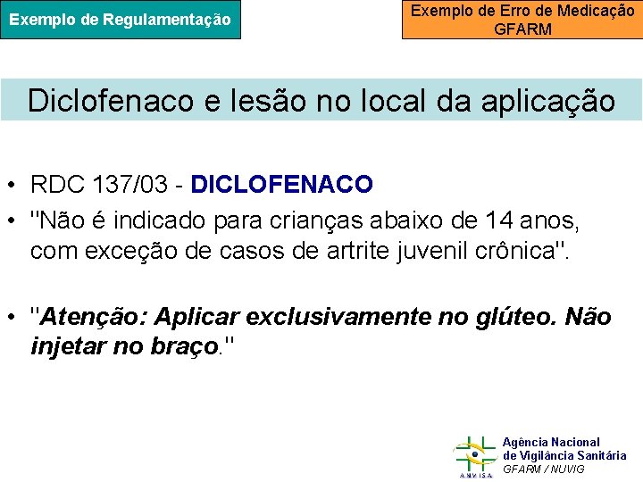 Exemplo de Regulamentação Exemplo de Erro de Medicação GFARM Diclofenaco e lesão no local