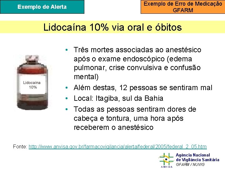 Exemplo de Alerta Exemplo de Erro de Medicação GFARM Lidocaína 10% via oral e