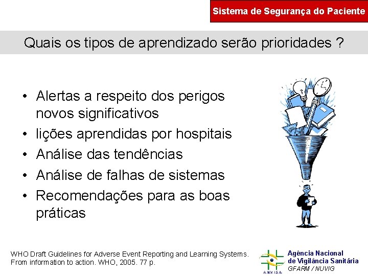 Sistema de Segurança do Paciente Quais os tipos de aprendizado serão prioridades ? •