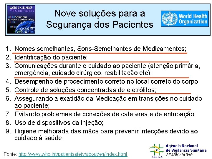 Nove soluções para a Segurança dos Pacientes 1. Nomes semelhantes, Sons-Semelhantes de Medicamentos; 2.