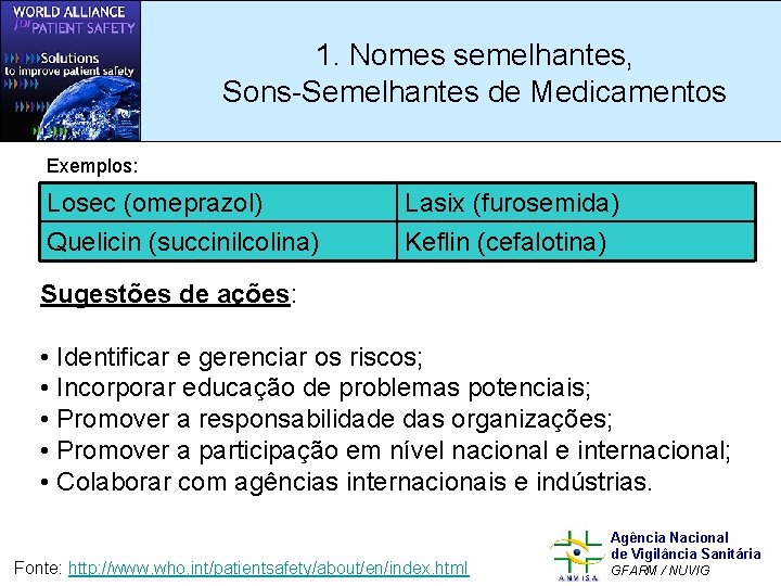 1. Nomes semelhantes, Sons-Semelhantes de Medicamentos Exemplos: Losec (omeprazol) Quelicin (succinilcolina) Lasix (furosemida) Keflin