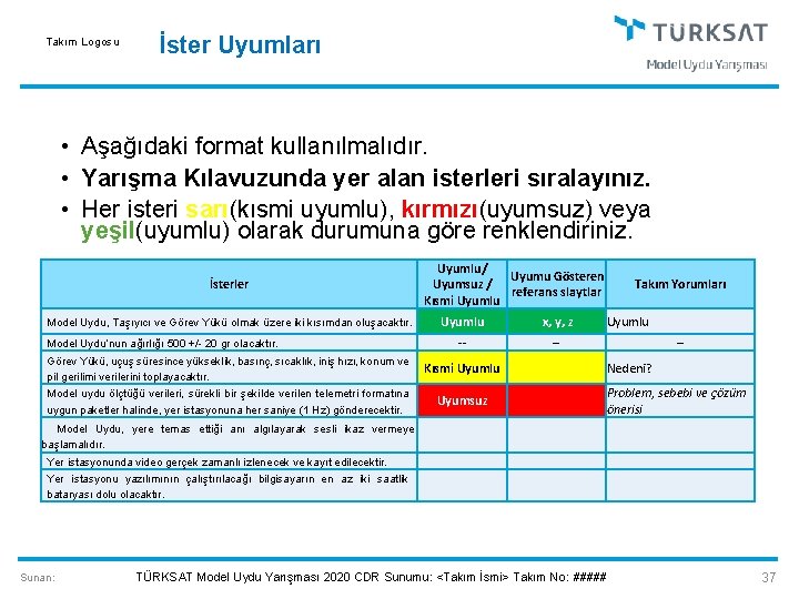 Takım Logosu İster Uyumları • Aşağıdaki format kullanılmalıdır. • Yarışma Kılavuzunda yer alan isterleri