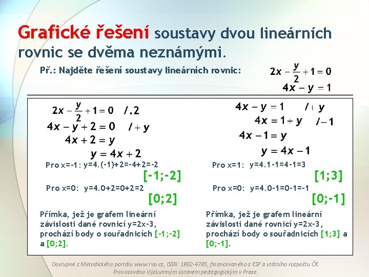 Grafické řešení soustavy dvou lineárních rovnic se dvěma neznámými. Př. : Najděte řešení soustavy