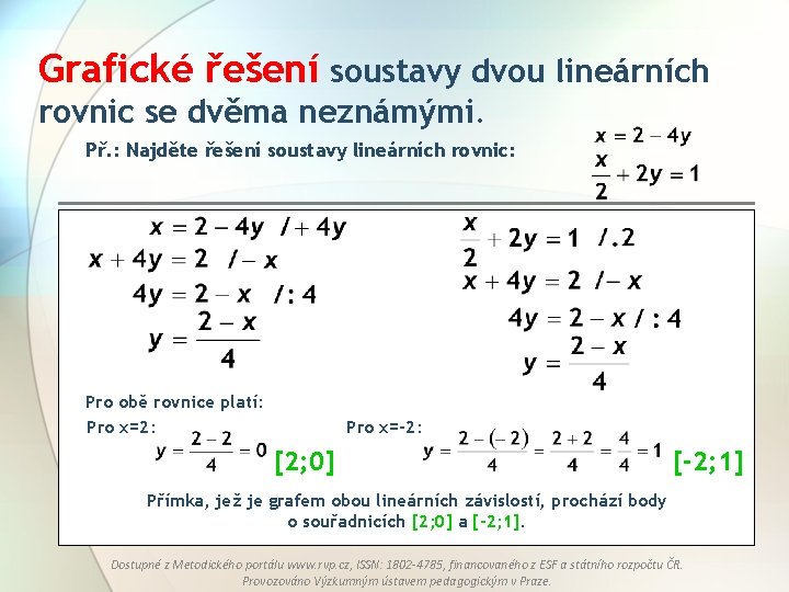 Grafické řešení soustavy dvou lineárních rovnic se dvěma neznámými. Př. : Najděte řešení soustavy