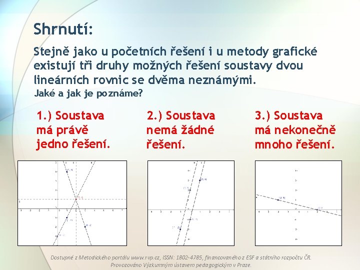 Shrnutí: Stejně jako u početních řešení i u metody grafické existují tři druhy možných