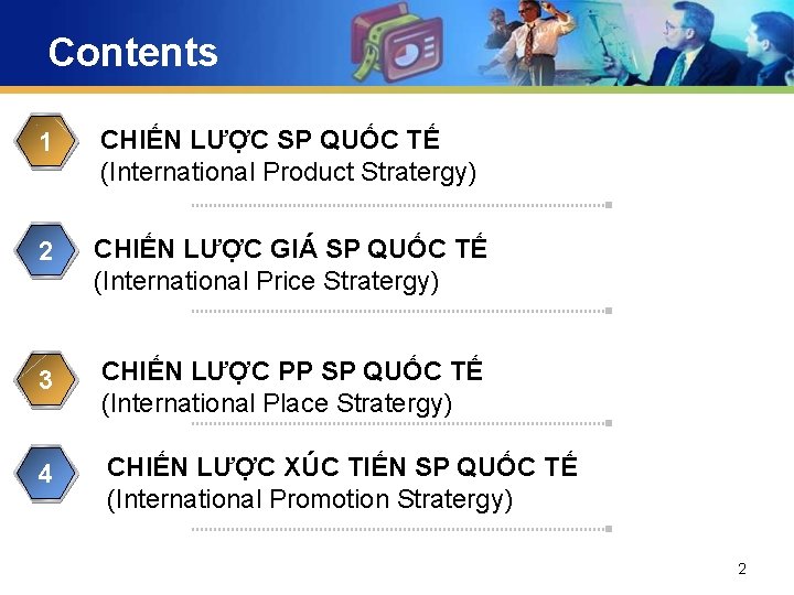 Contents 1 CHIẾN LƯỢC SP QUỐC TẾ (International Product Stratergy) 2 CHIẾN LƯỢC GIÁ