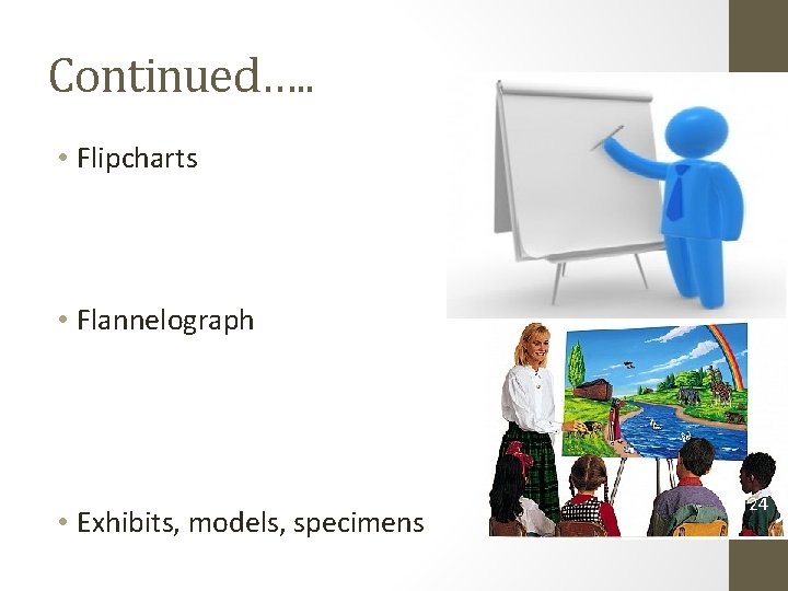 Continued…. . • Flipcharts • Flannelograph • Exhibits, models, specimens 24 