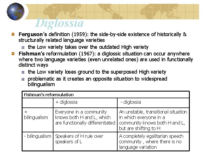 Diglossia Ferguson’s definition (1959): the side-by-side existence of historically & structurally related language varieties