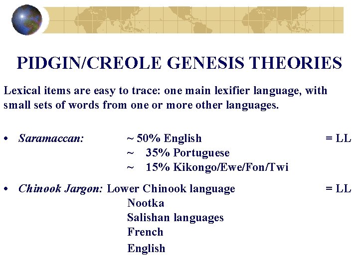 PIDGIN/CREOLE GENESIS THEORIES Lexical items are easy to trace: one main lexifier language, with