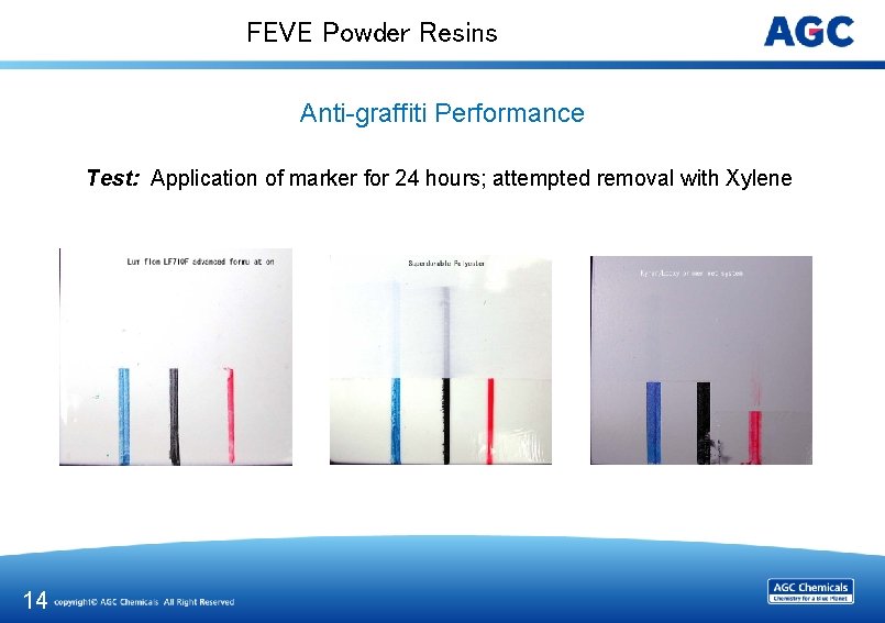 FEVE Powder Resins Anti-graffiti Performance Test: Application of marker for 24 hours; attempted removal