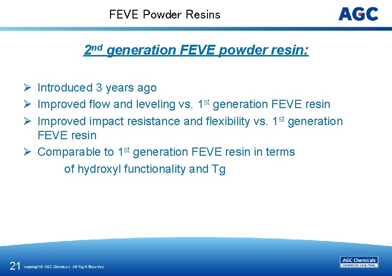 FEVE Powder Resins 2 nd generation FEVE powder resin: Ø Introduced 3 years ago