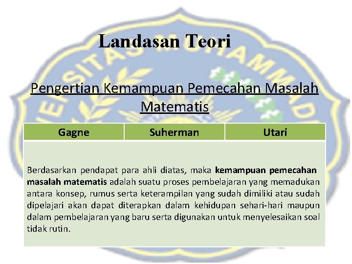 Landasan Teori Pengertian Kemampuan Pemecahan Masalah Matematis Gagne Suherman Utari Berdasarkan pendapat para ahli