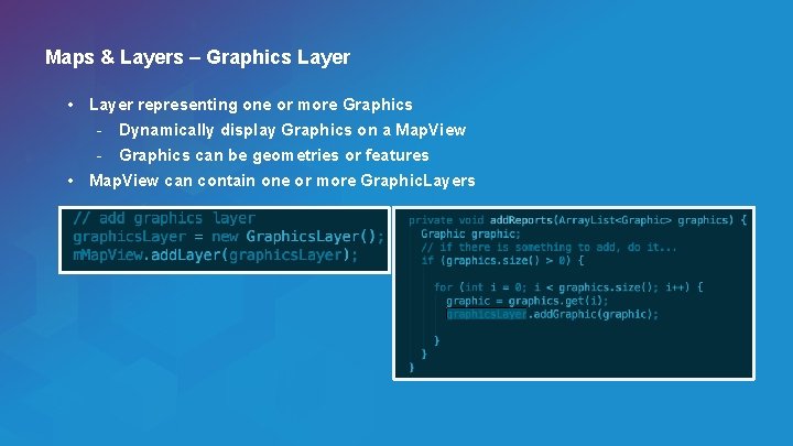 Maps & Layers – Graphics Layer • Layer representing one or more Graphics -