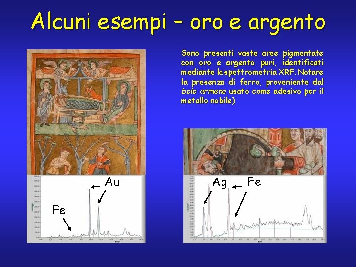 Alcuni esempi – oro e argento Sono presenti vaste aree pigmentate con oro e