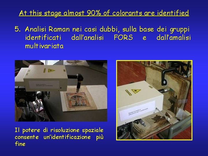 At this stage almost 90% of colorants are identified 5. Analisi Raman nei casi