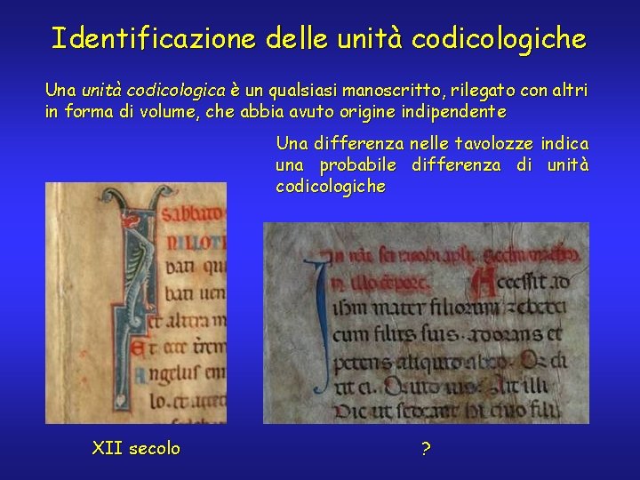 Identificazione delle unità codicologiche Una unità codicologica è un qualsiasi manoscritto, rilegato con altri