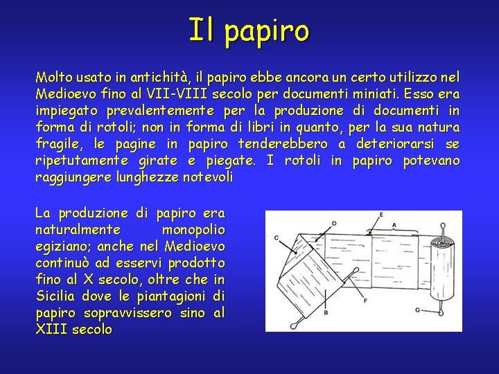 Il papiro Molto usato in antichità, il papiro ebbe ancora un certo utilizzo nel