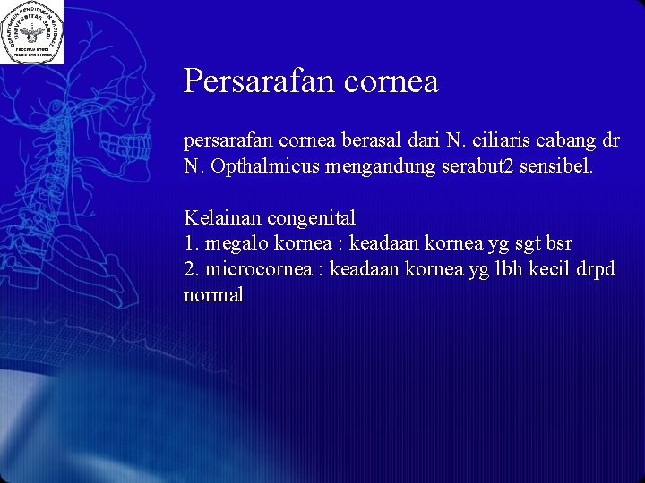 Persarafan cornea persarafan cornea berasal dari N. ciliaris cabang dr N. Opthalmicus mengandung serabut