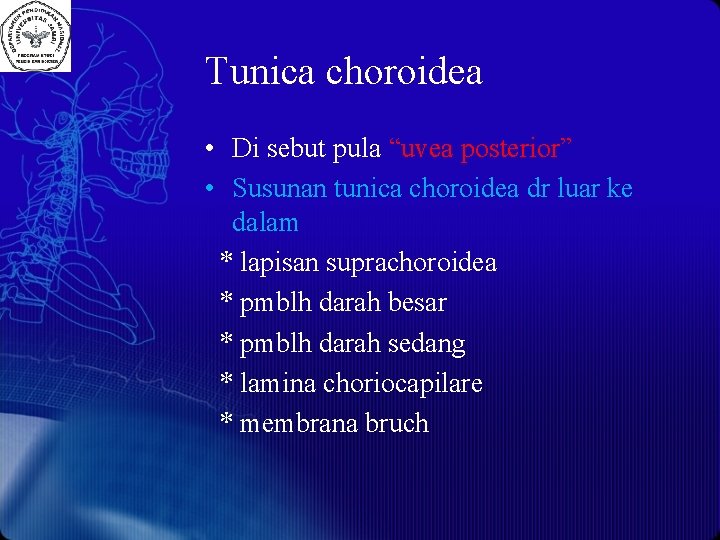 Tunica choroidea • Di sebut pula “uvea posterior” • Susunan tunica choroidea dr luar
