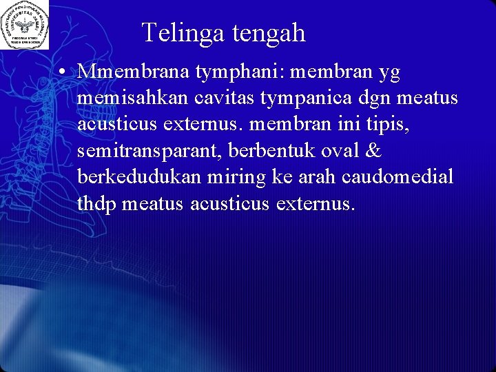 Telinga tengah • Mmembrana tymphani: membran yg memisahkan cavitas tympanica dgn meatus acusticus externus.