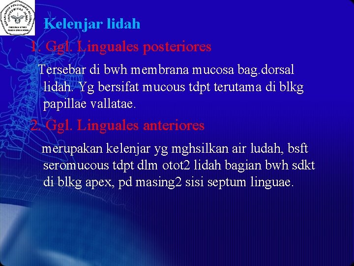 - Kelenjar lidah 1. Ggl. Linguales posteriores Tersebar di bwh membrana mucosa bag. dorsal