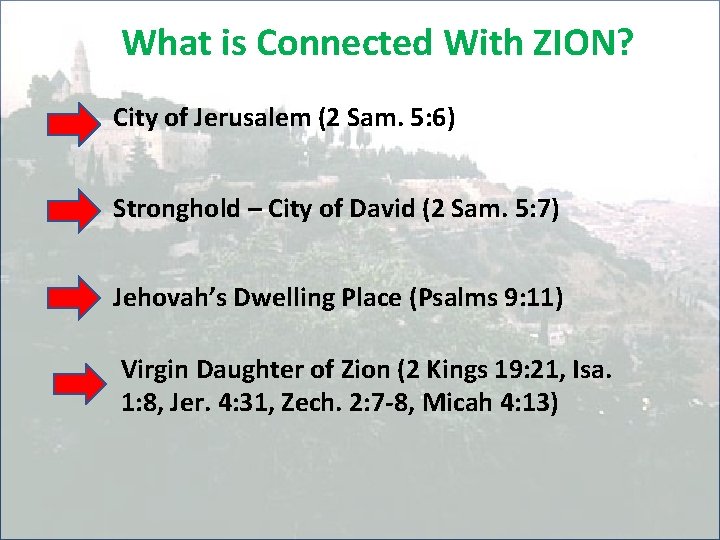 What is Connected With ZION? City of Jerusalem (2 Sam. 5: 6) Stronghold –