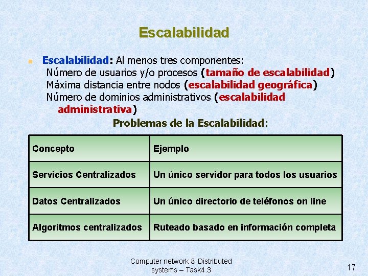 Escalabilidad n Escalabilidad: Al menos tres componentes: Número de usuarios y/o procesos (tamaño de