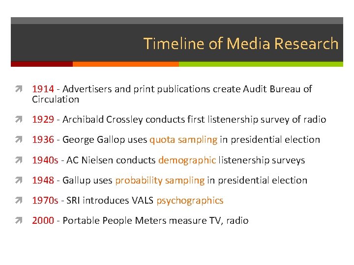 Timeline of Media Research 1914 - Advertisers and print publications create Audit Bureau of