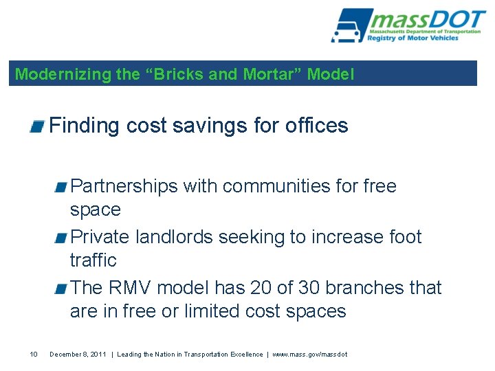 Modernizing the “Bricks and Mortar” Model Finding cost savings for offices Partnerships with communities